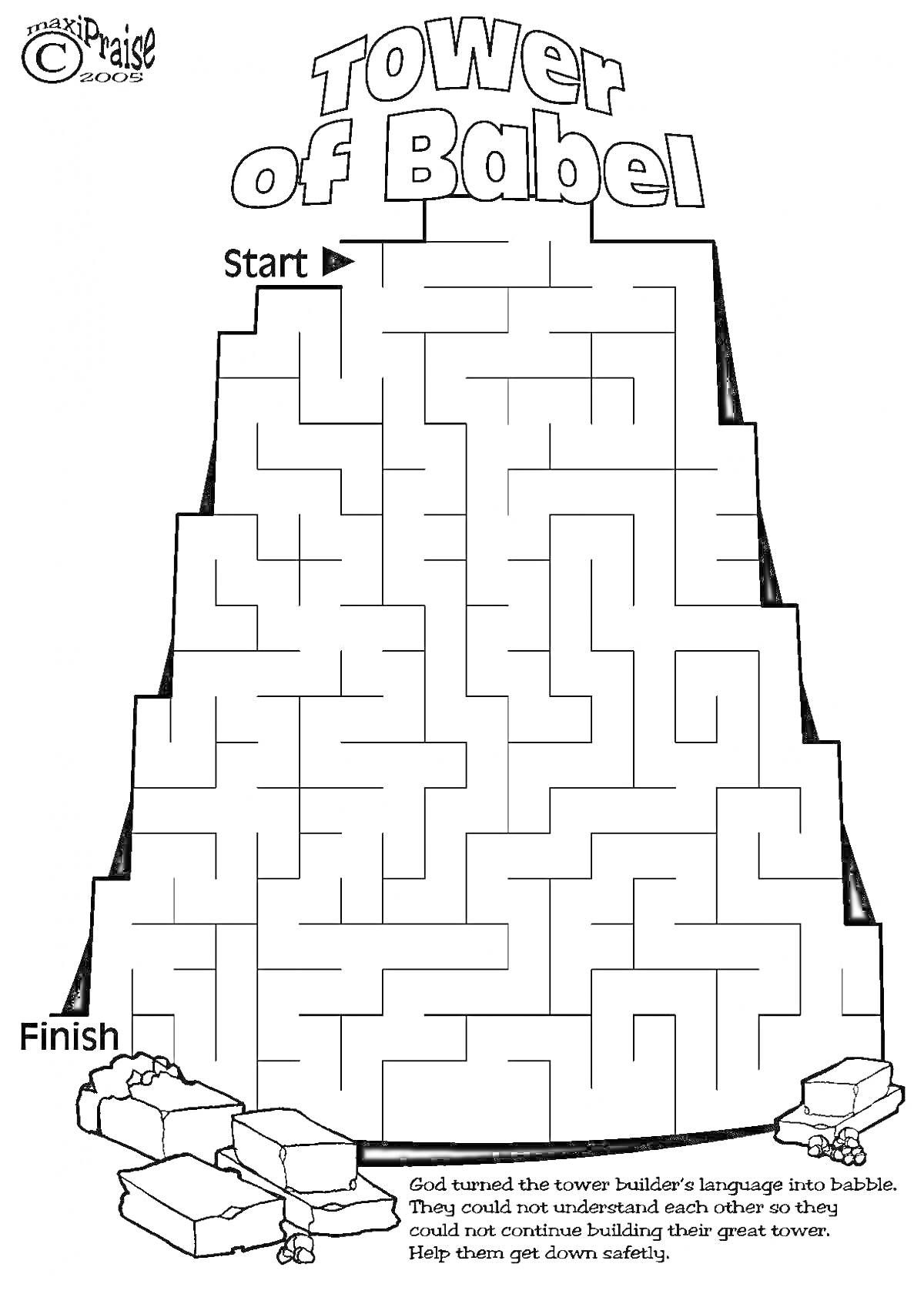 На раскраске изображено: Вавилонская башня, Лабиринт, Задания, Библейская история, Камни