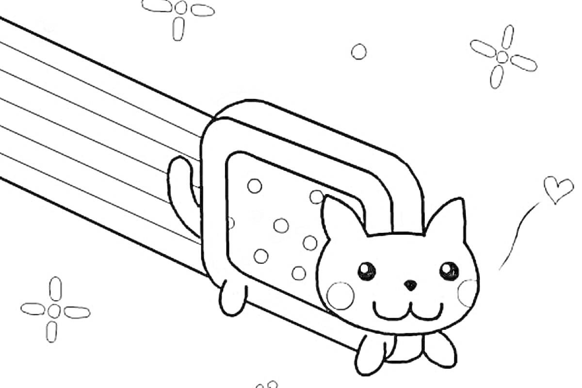 Раскраска Картонный кот, летящий в космосе с радугой и сердечком, окруженный звездами и цветами