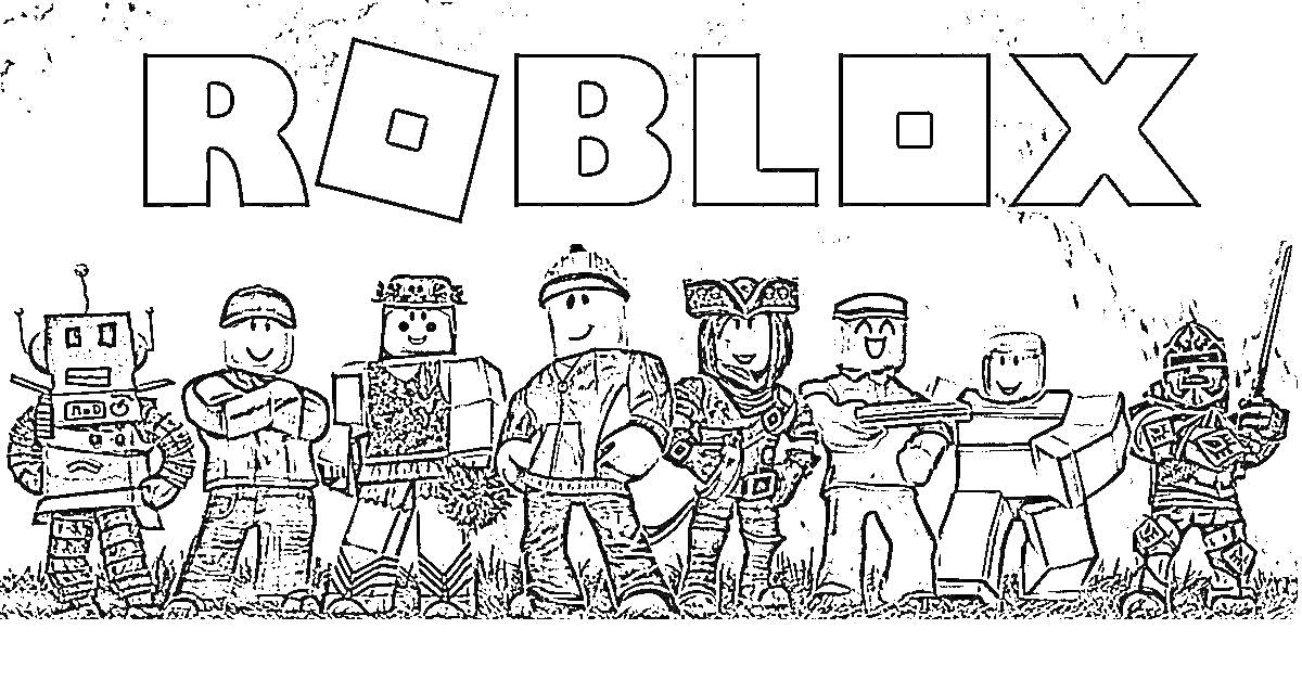 Раскраска Персонажи Roblox под логотипом Roblox