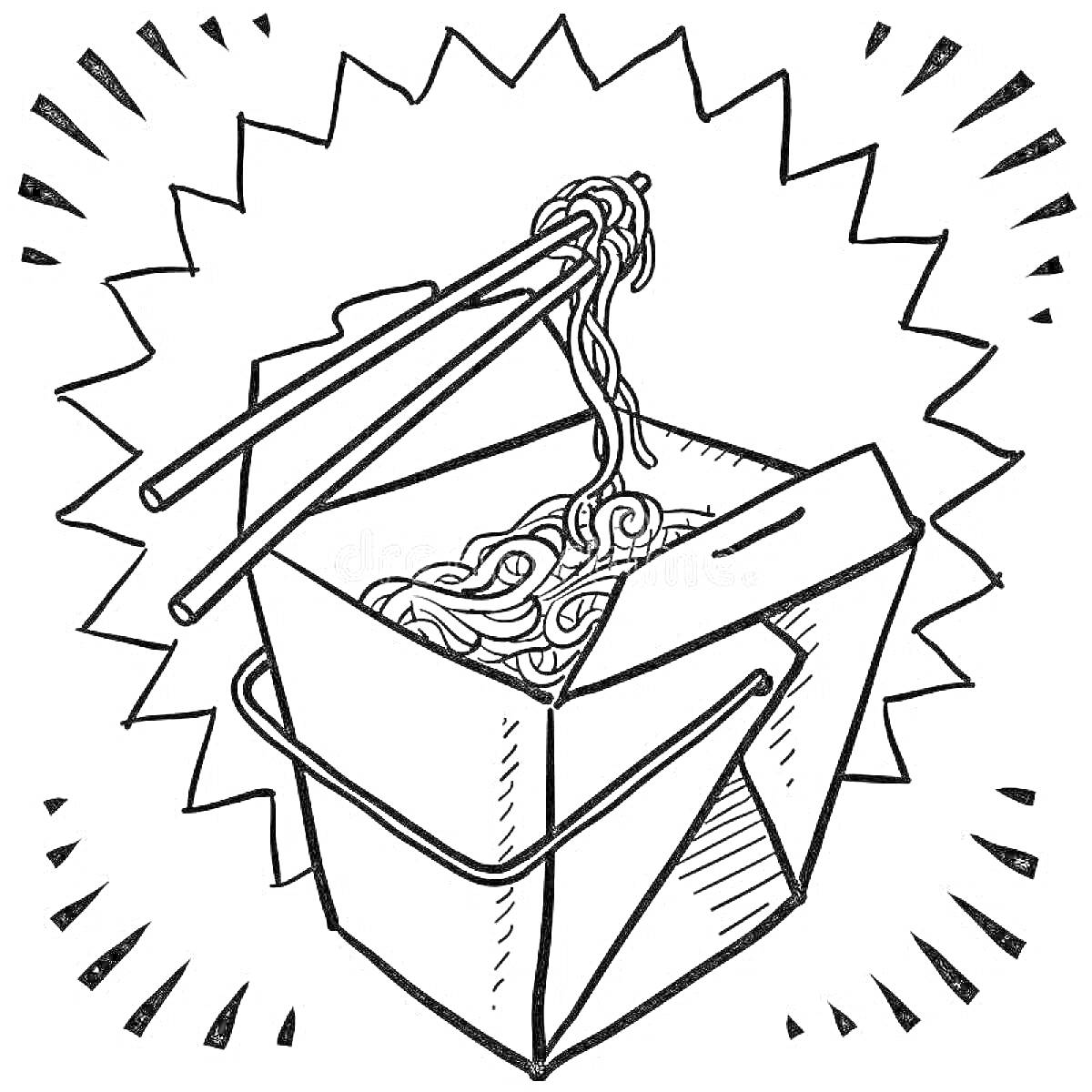 Раскраска Коробка с дошираком и палочками, вокруг зигзагообразные линии