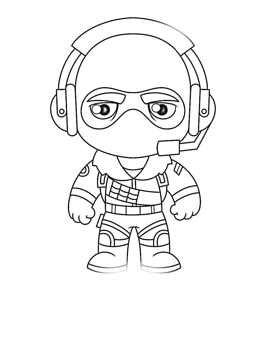 Раскраска Персонаж из Fortnite в наушниках и маске, снаряжённый амуницией на поясе