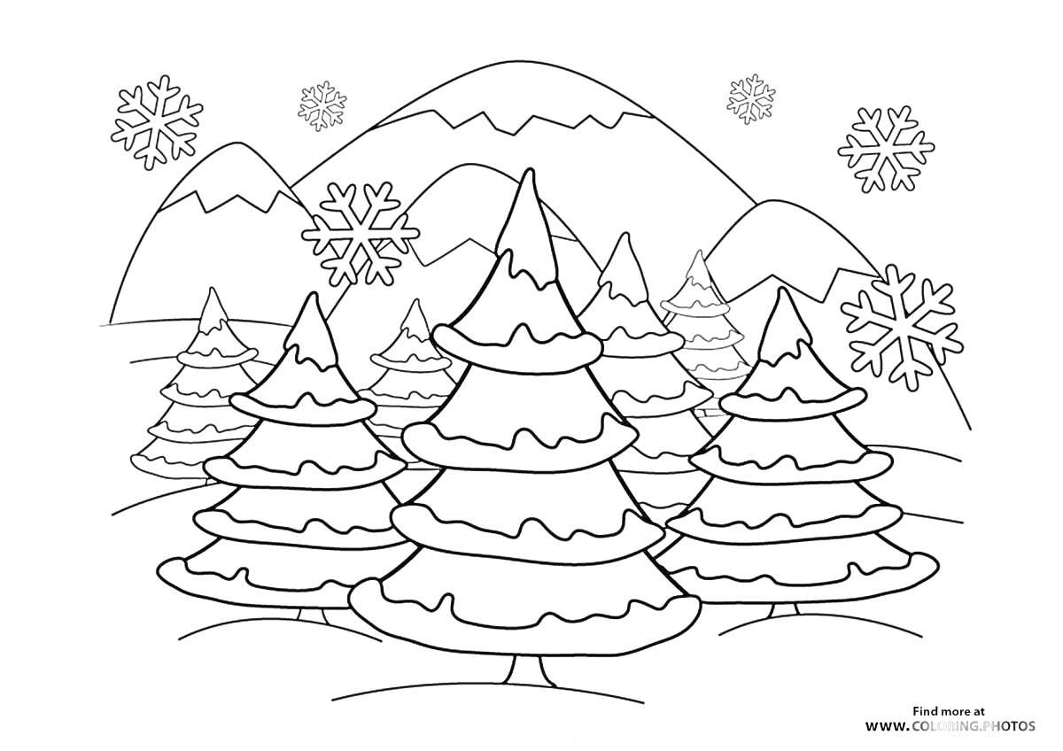 Раскраска Елки на заснеженных холмах с падающими снежинками и горами на заднем плане