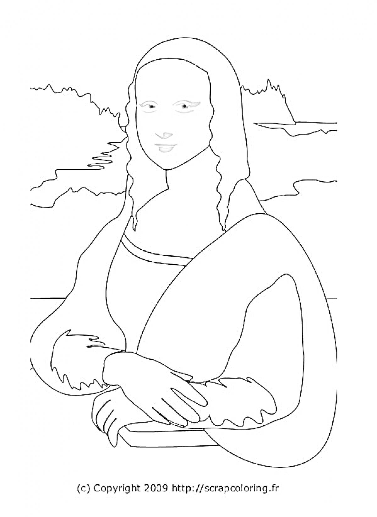 На раскраске изображено: Мона лиза, Женщина, Длинные волосы, Длинные рукава, Сидение, Руки, Деревья, Горы, Природа