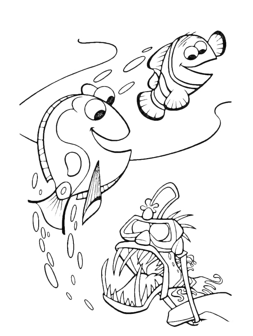 Раскраска Две рыбки и один глубоководный хищник с аквалангистской маской из мультфильма 