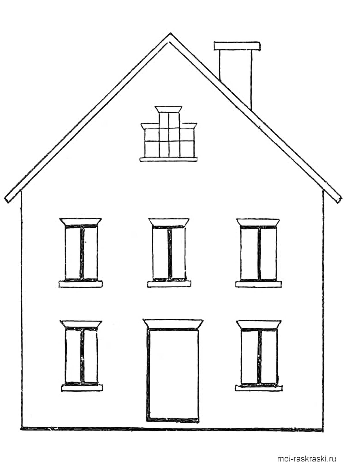 На раскраске изображено: Дом, Окна, Дверь, Труба, Балкон, Крыша