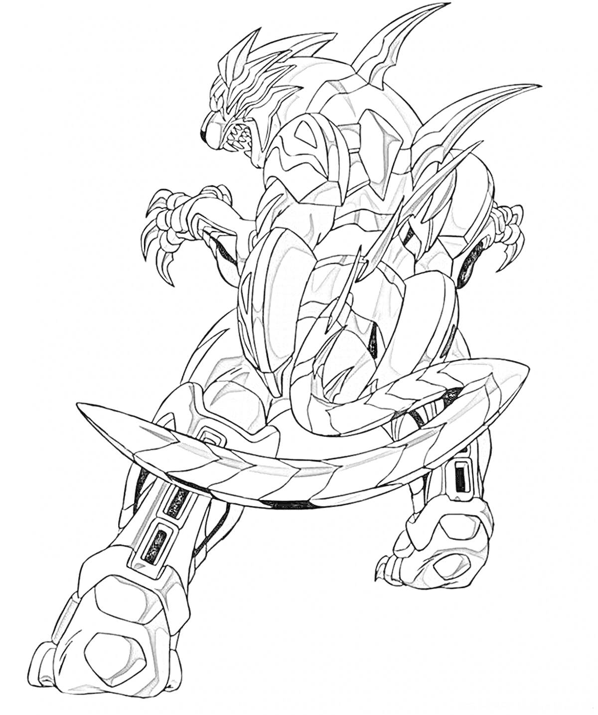 Раскраска Бакуган в форме дракона, вид сзади, с рогами, когтями и хвостом