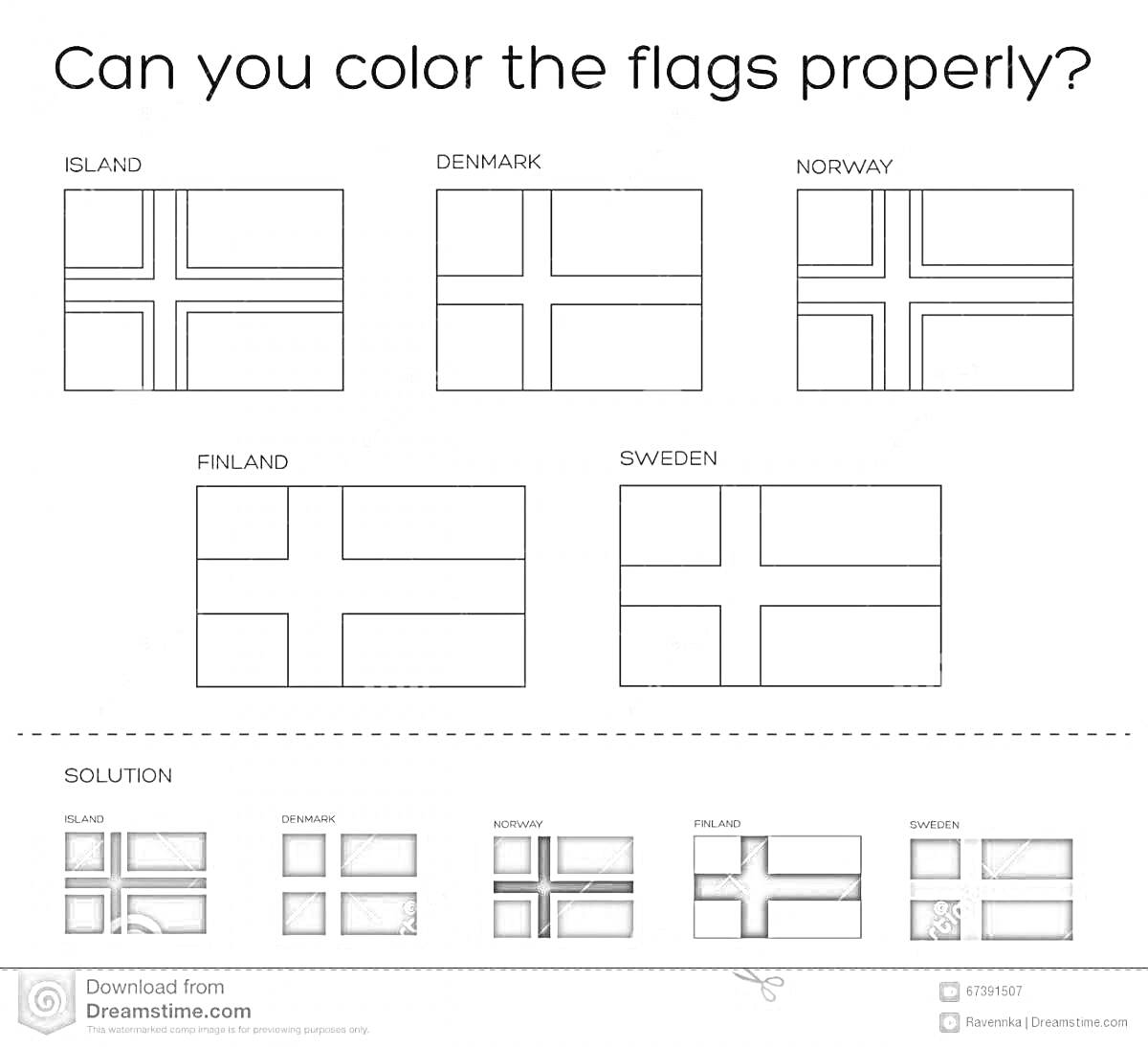 Чёрно-белая картинка с шестью флагами стран (Исландия, Дания, Норвегия, Финляндия, Швеция) для раскрашивания, решения четыре цветных флага (Исландия, Дания, Норвегия, Финляндия)