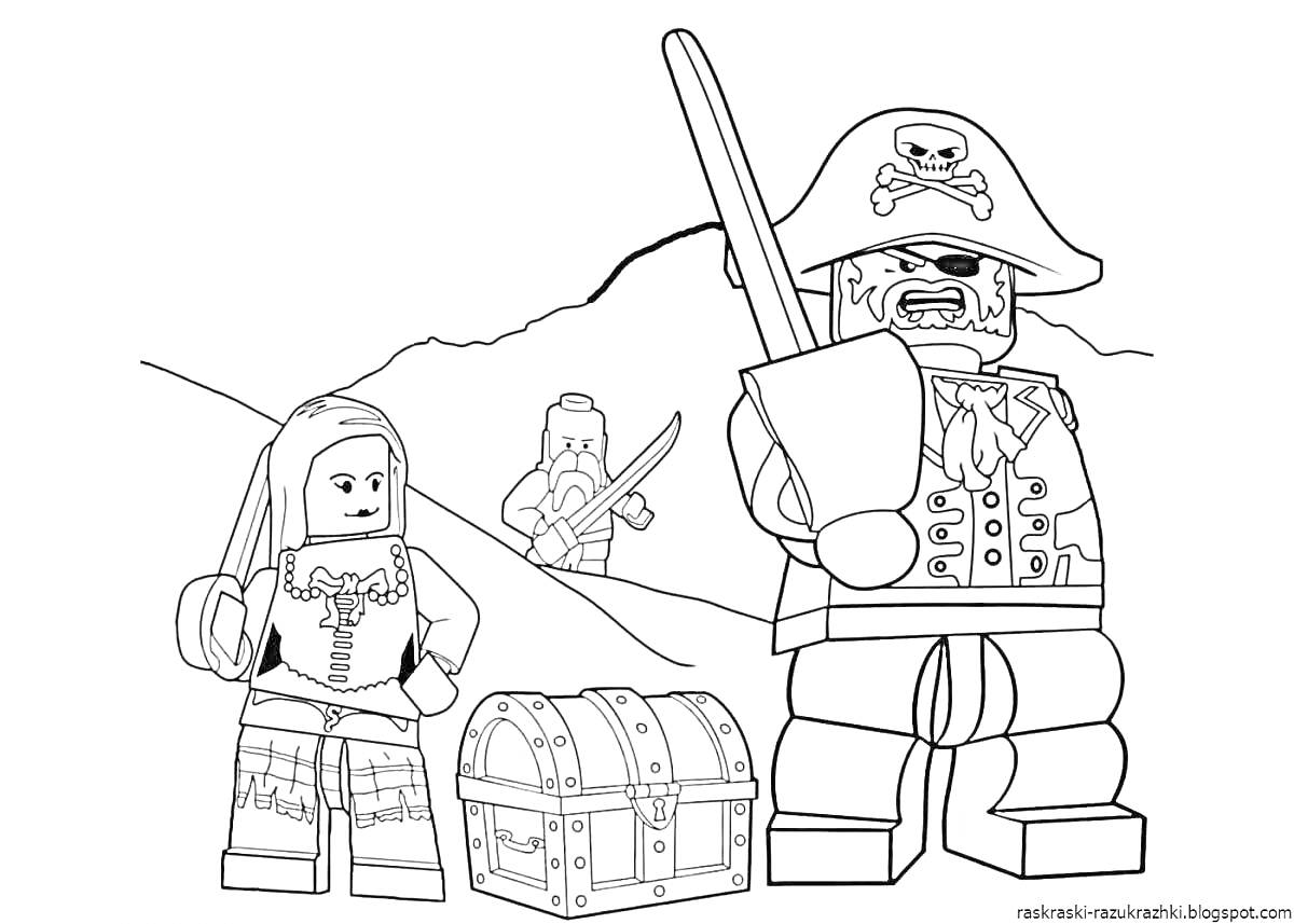 Раскраска Пираты Roblox с сундуком сокровищ и другим пиратом на фоне