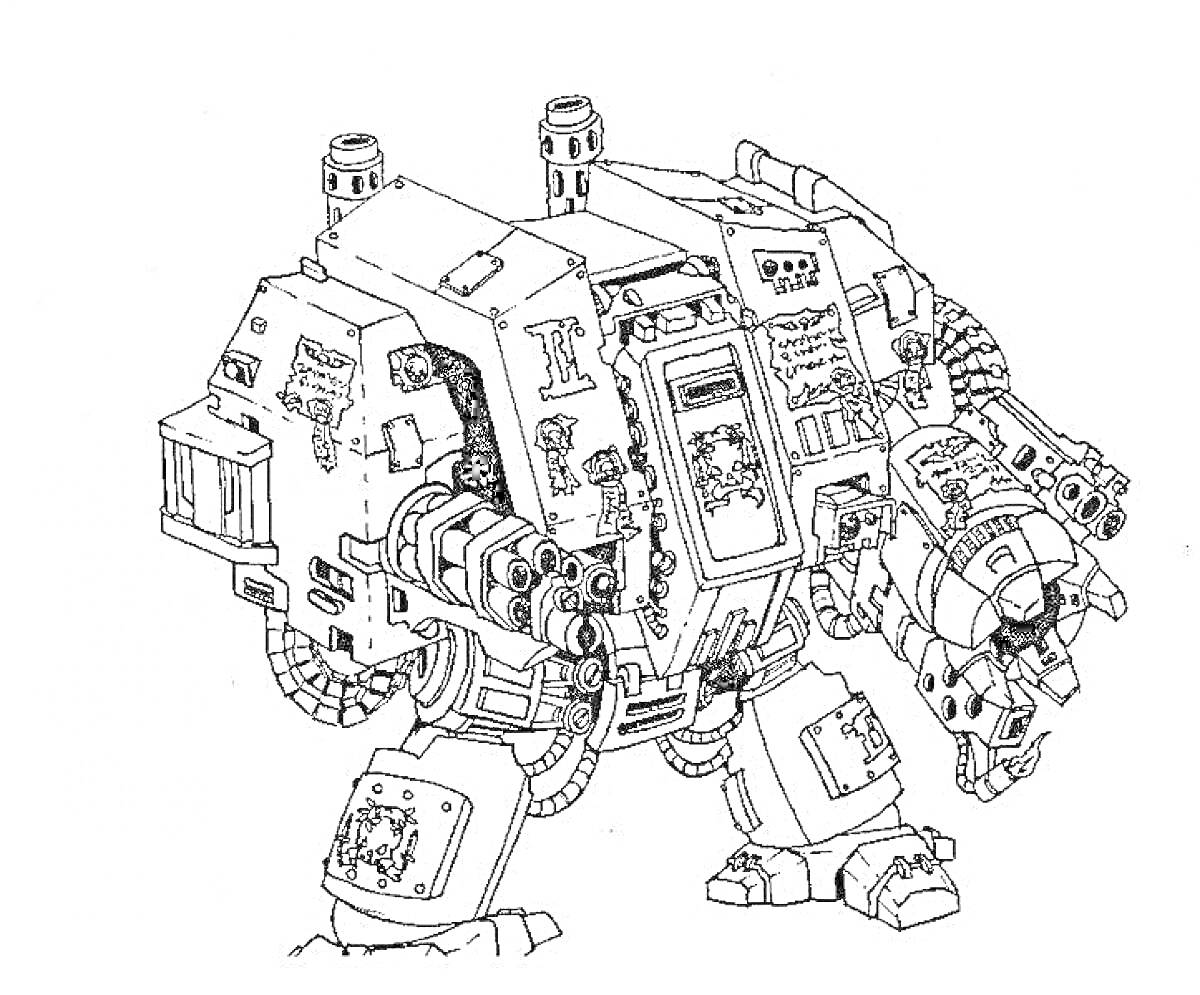 Раскраска Боевой дредноут Вархаммер 40k с тяжелым вооружением и броней, множество деталей и кабелей