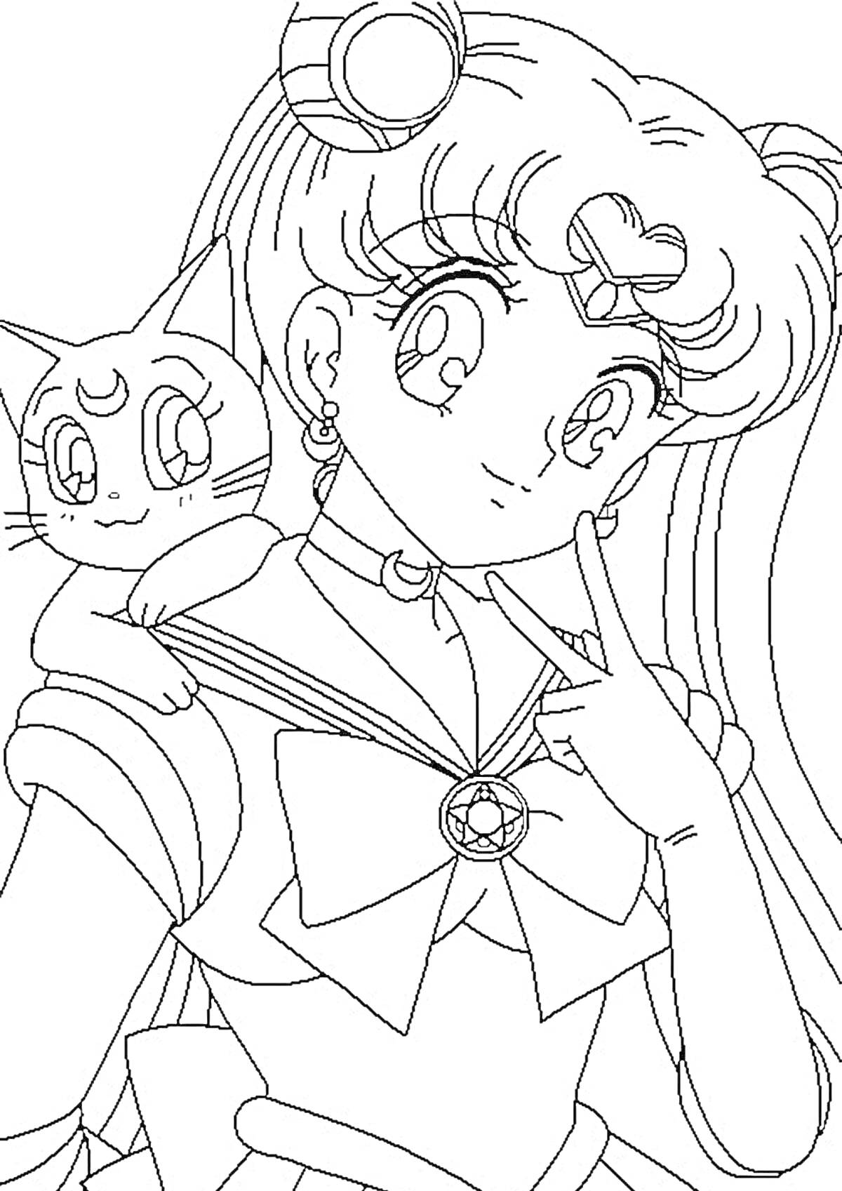 Раскраска Девушка в костюме сейлора с длинными волосами и кошка на плече