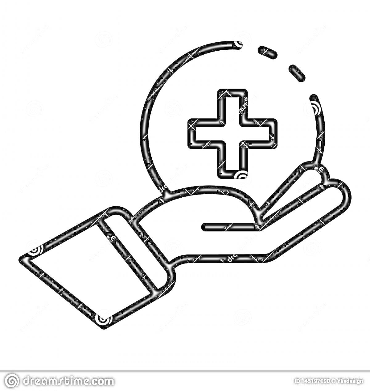 На раскраске изображено: Медицинский крест, Рука, Ладонь, Здоровье, Медицина, Помощь, Забота