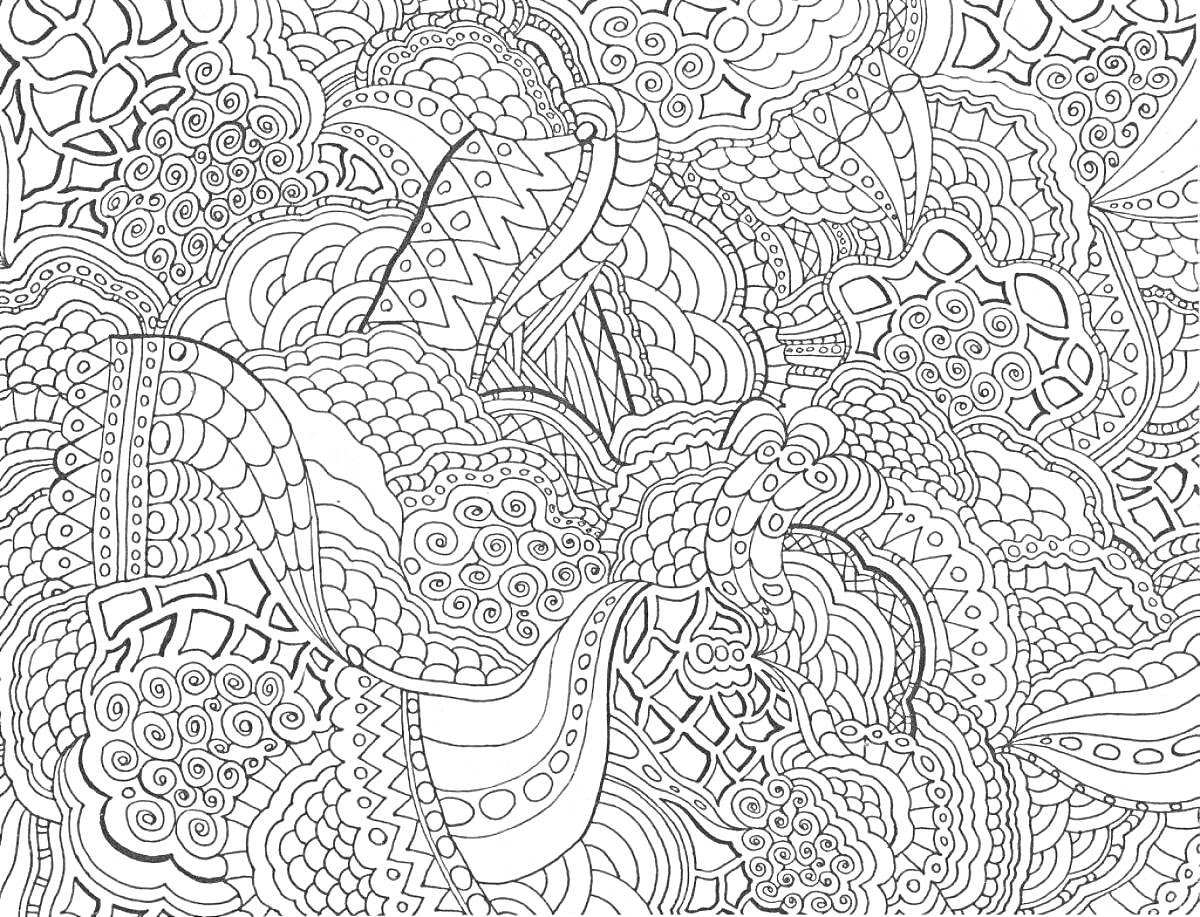 Раскраска Абстрактный узор с множеством повторяющихся геометрических элементов и завитков