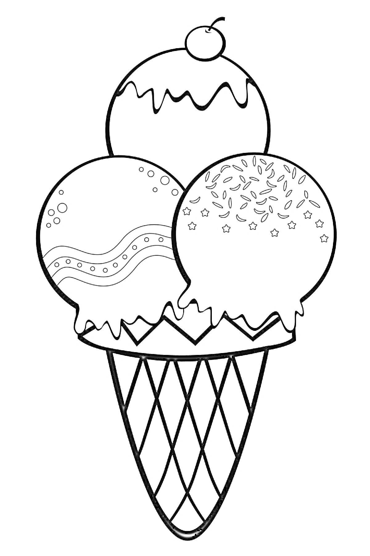Раскраска Мороженое в вафельном рожке с тремя шариками: украшенный глазурью шарик с вишенкой, шарик с волнистым узором и шарик со звездочками и посыпкой