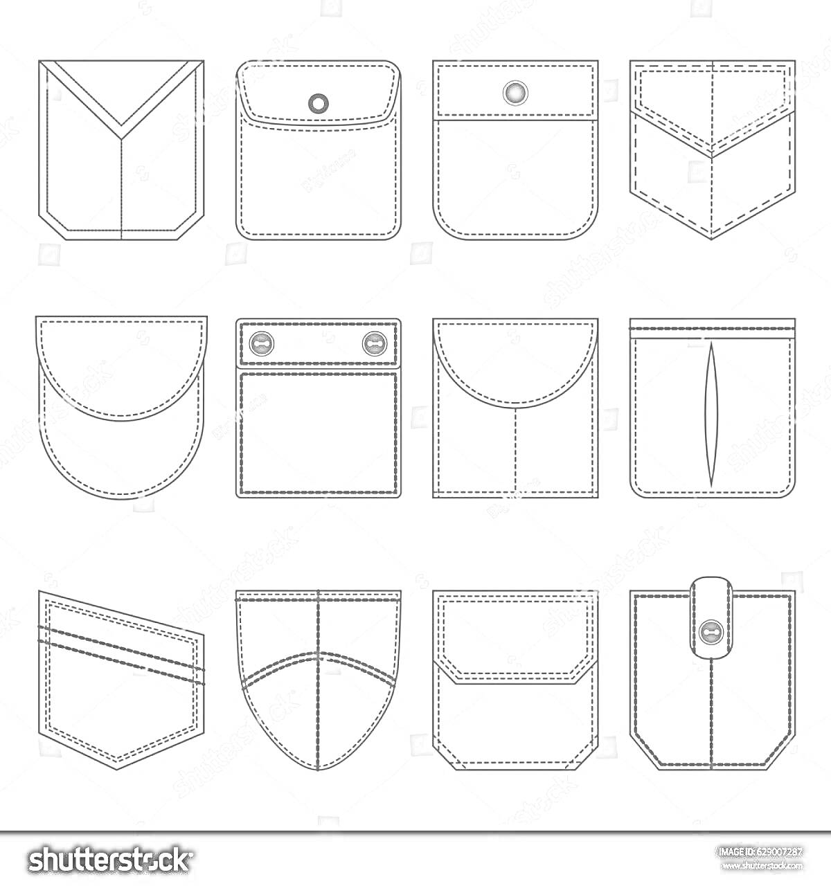 Раскраска Двенадцать разных типов карманов с различными конструкциями и элементами, включая кнопки, застежки и декоративные строчки.