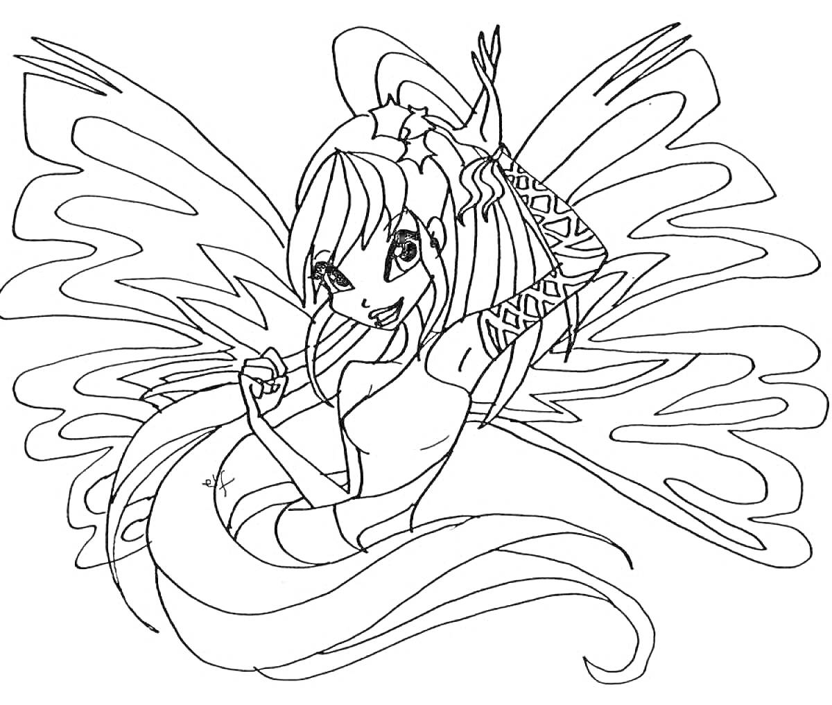 Раскраска Фея из Винкс в трансформации Сиреникс с длинными распущенными волосами, большими крыльями и украшением на правой руке