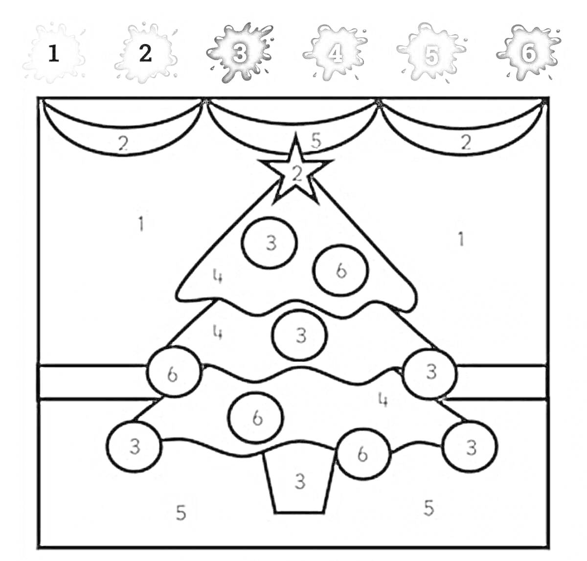 На раскраске изображено: Новогодняя елка, Новогодние украшения, Шары, Цифры, Математика, Средняя группа