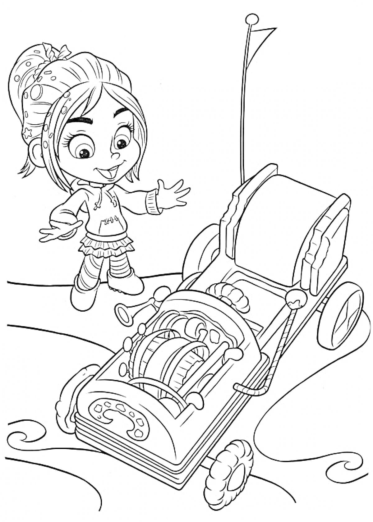 Раскраска Девочка рядом с машиной-карамелькой