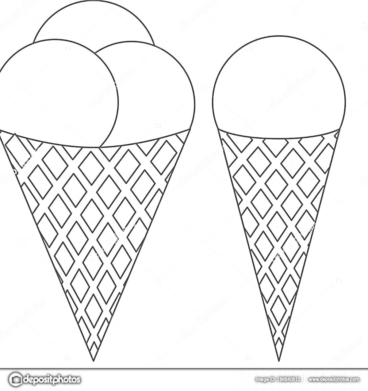 На раскраске изображено: Мороженое, Еда, Шарики мороженого, Конус