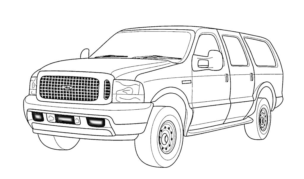 Раскраска Форд внедорожник, четыре двери, передняя решетка, фары, боковое зеркало