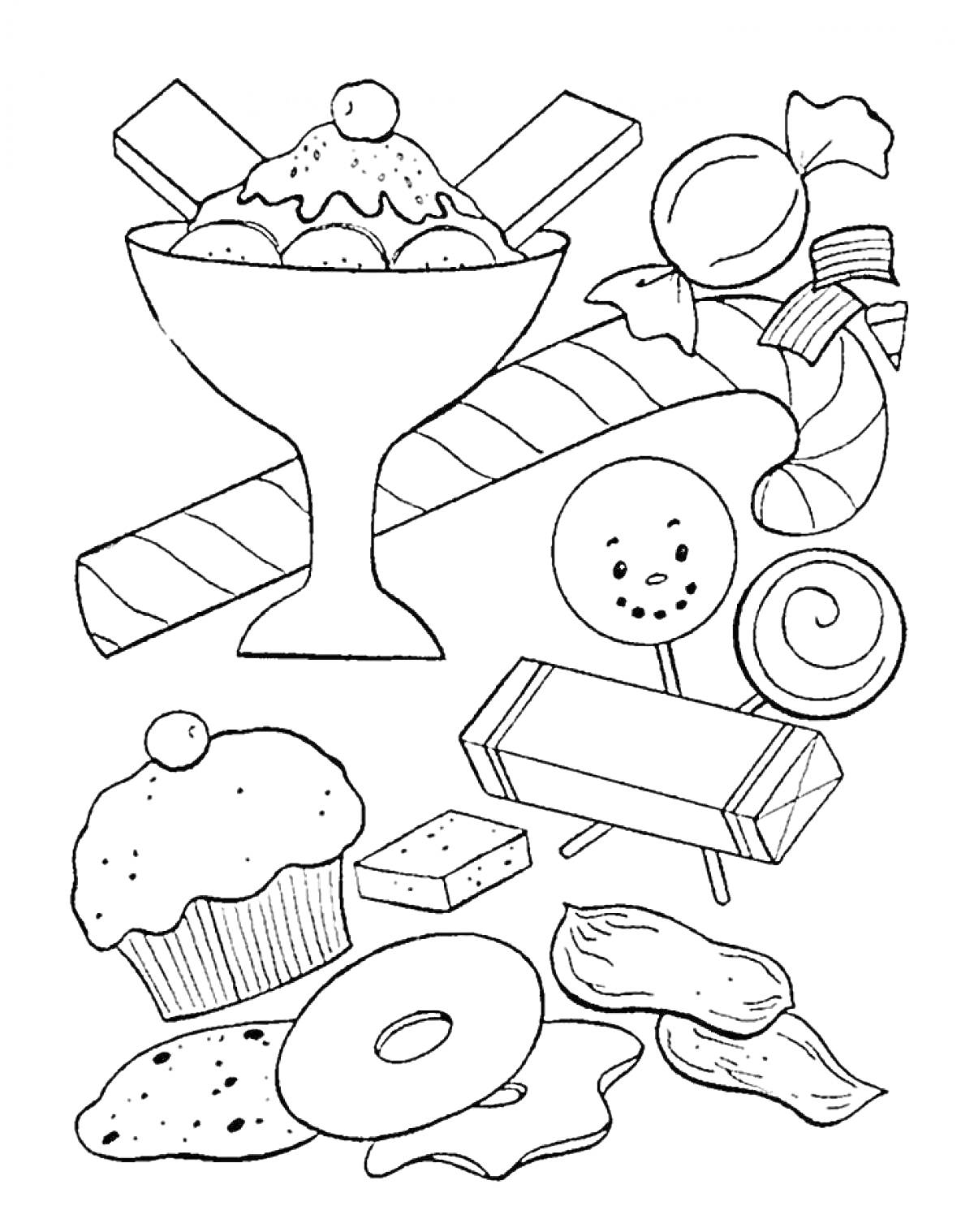 Раскраска мороженое в стакане, карамельные трости, конфеты, кекс, печенье, леденцы, плитка шоколада, пончик
