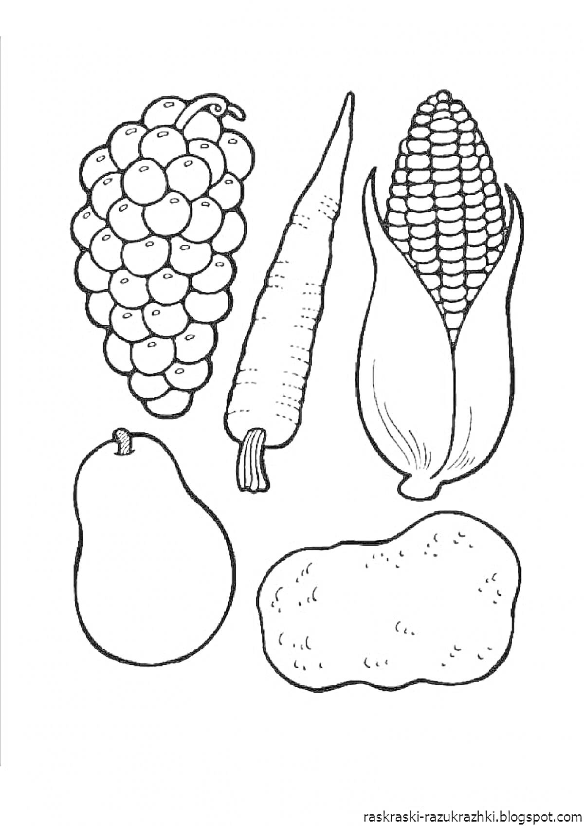 На раскраске изображено: Фрукты, Овощи, Виноград, Морковь, Кукуруза, Картофель, Груши
