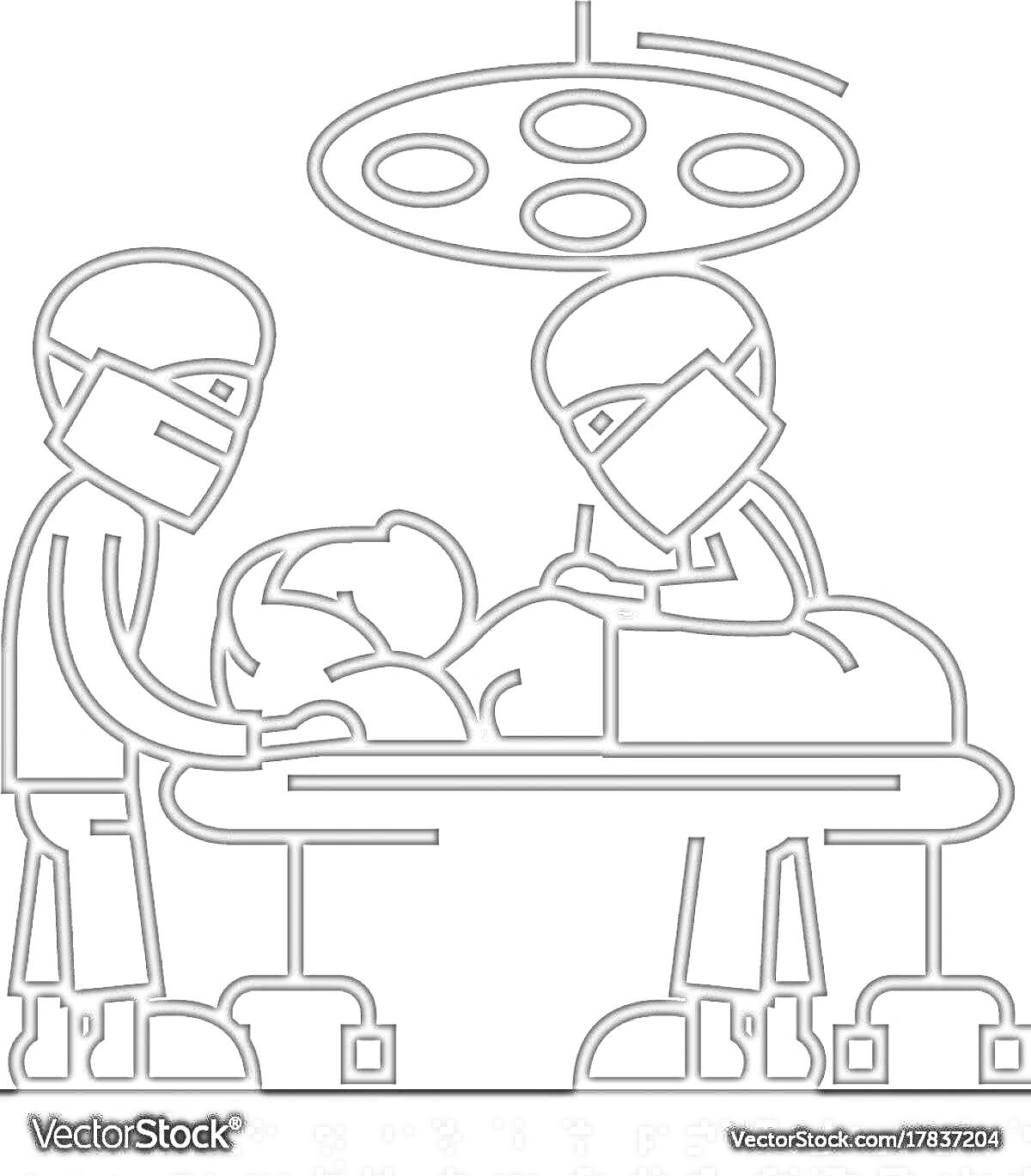 Раскраска Хирургическая операция: два хирурга в масках за операционным столом, пациент, операционная лампа