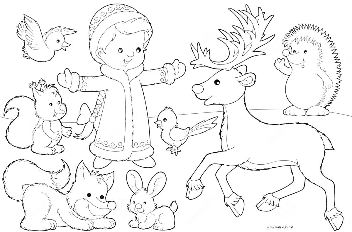 На раскраске изображено: Зимний лес, Ребенок, Звери, Белка, Олень, Зима