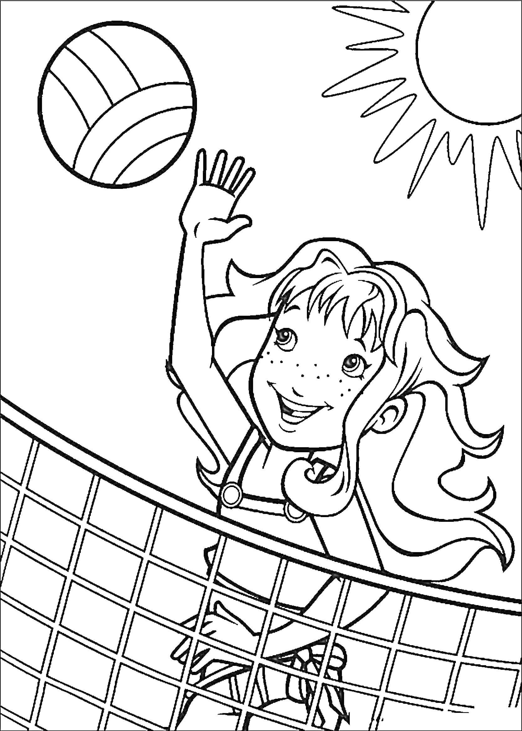 Раскраска Девочка, играющая в волейбол, волейбольная сетка, солнце