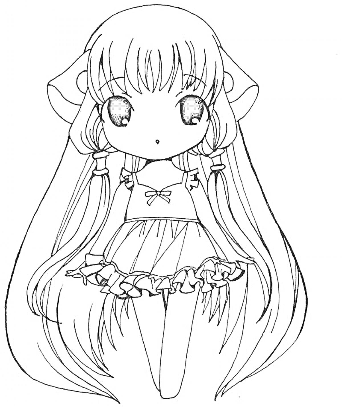 Раскраска Девочка-аниме с длинными волосами и бантом, платье с рюшем