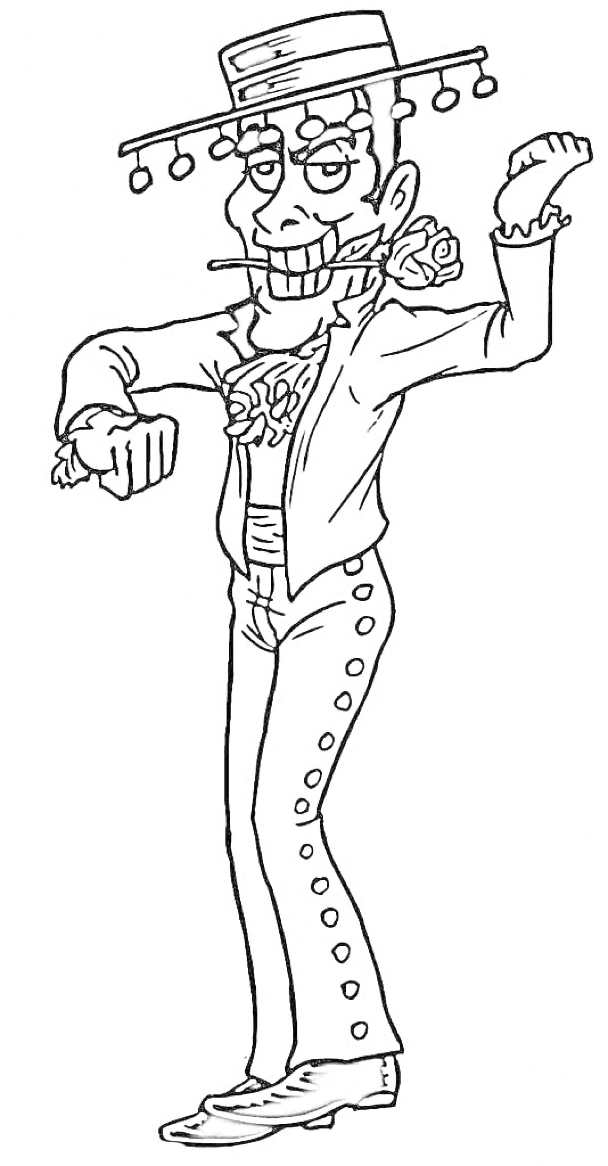 Раскраска Танцующий человек в испанском костюме с шляпой, сигарой и розами