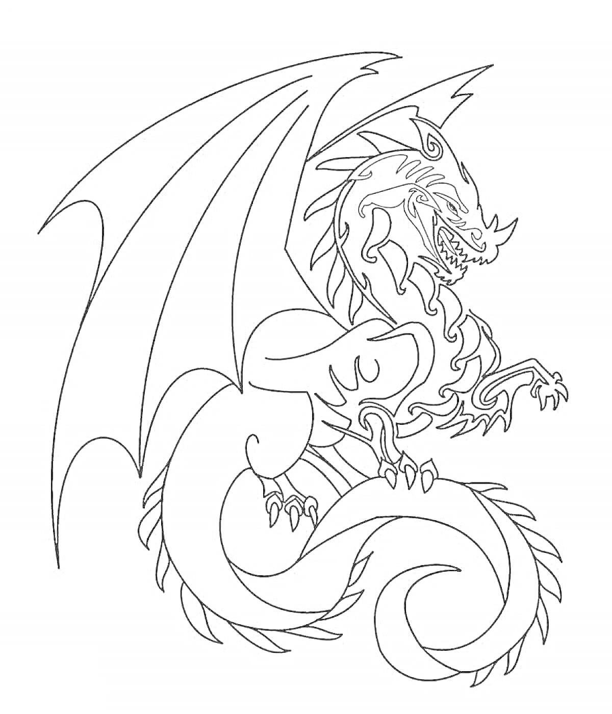 Раскраска Волшебный дракон с крыльями и извивающимся хвостом, когтистые лапы, сложные узоры на теле