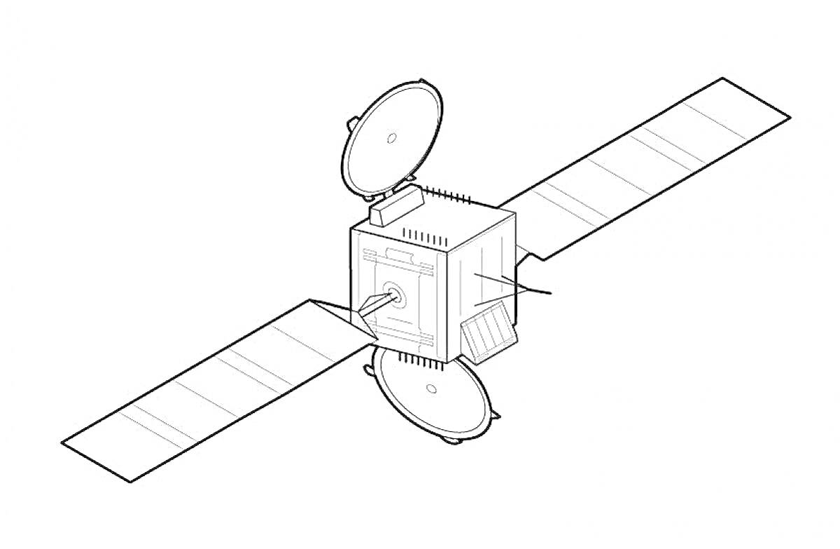 Раскраска Спутник с антеннами и солнечными панелями