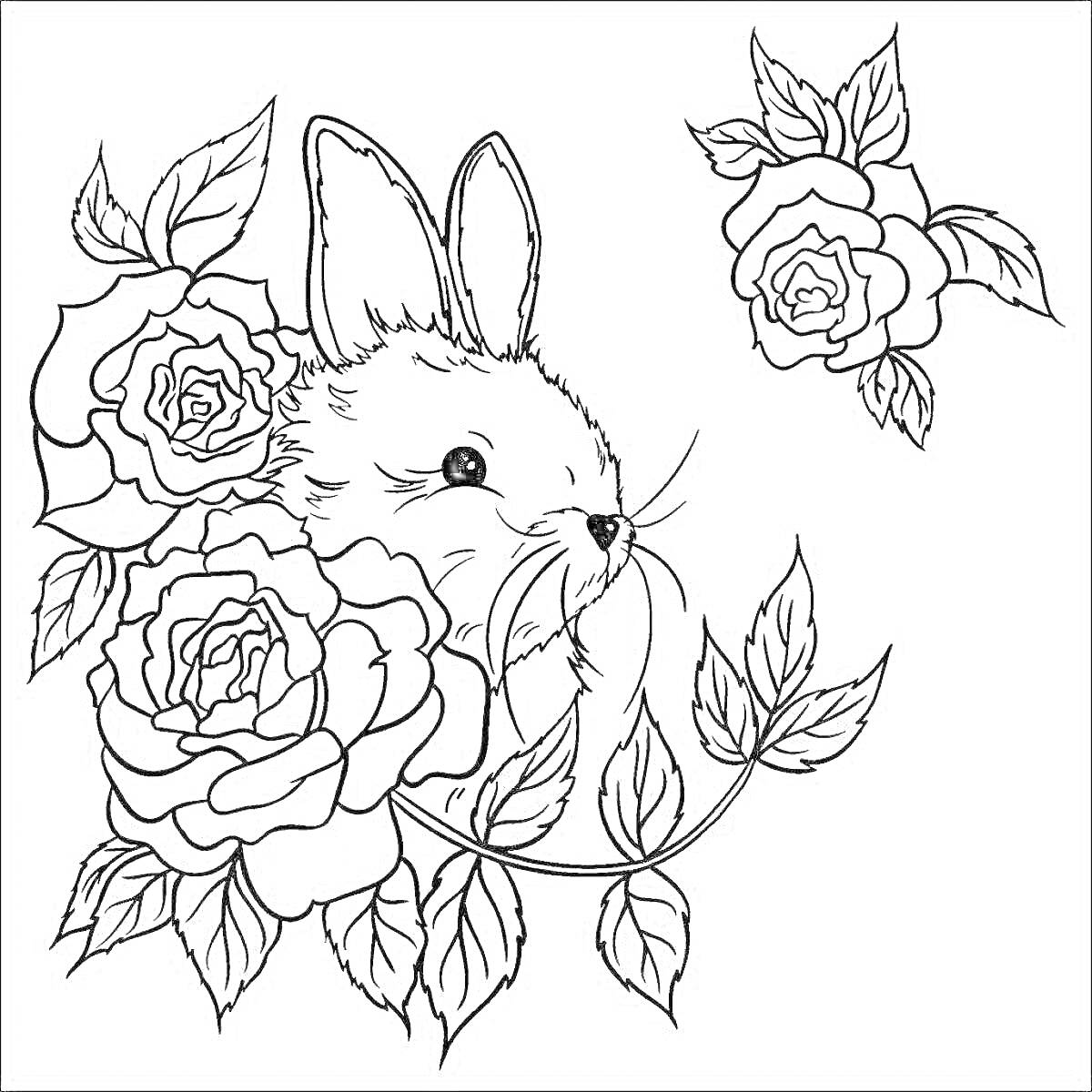 На раскраске изображено: Кролик, Розы, Листья, Цветы, Хэппи колор, Растения, Животные