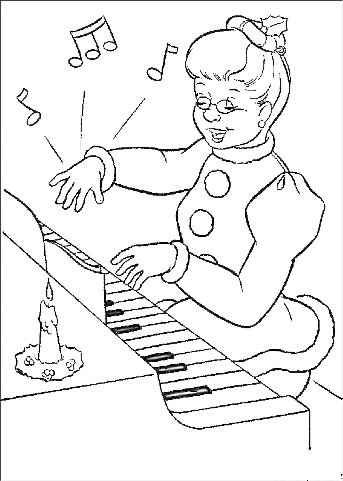 Раскраска Пианистка играет на пианино рядом со свечой