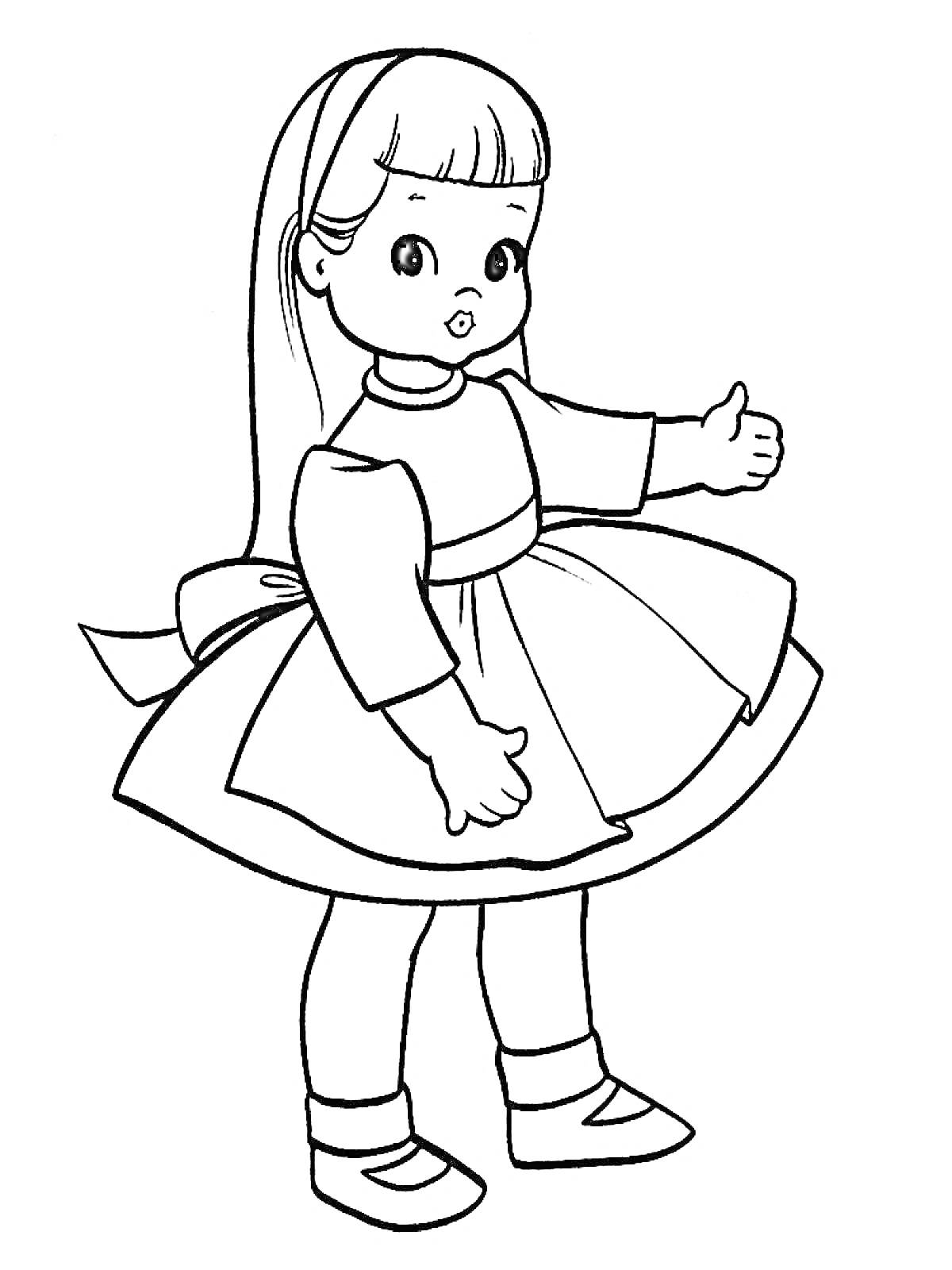 Раскраска Кукла с бантом на голове и платьем
