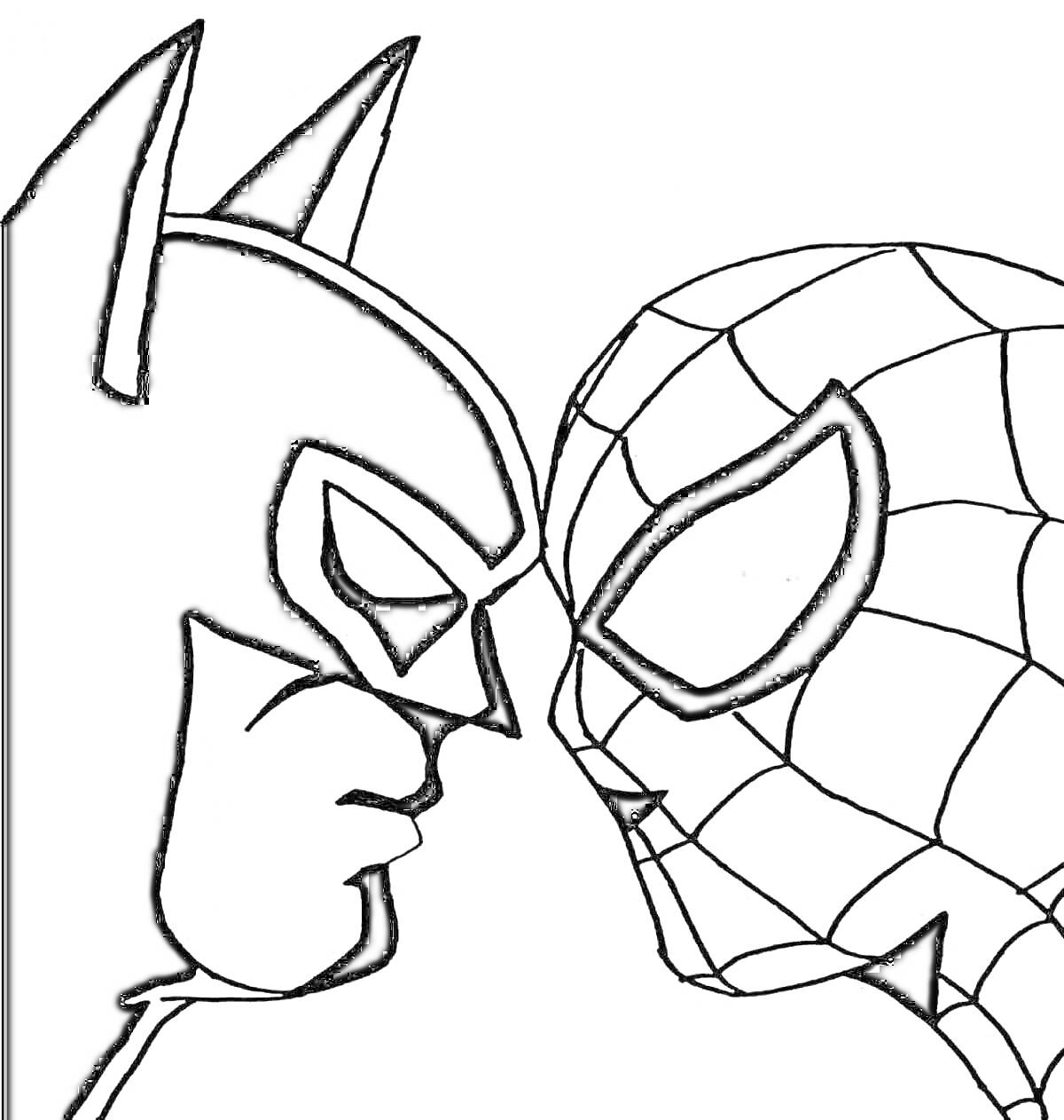 Раскраска Бэтмен и Человек-Паук лицом к лицу, крупный план, профили