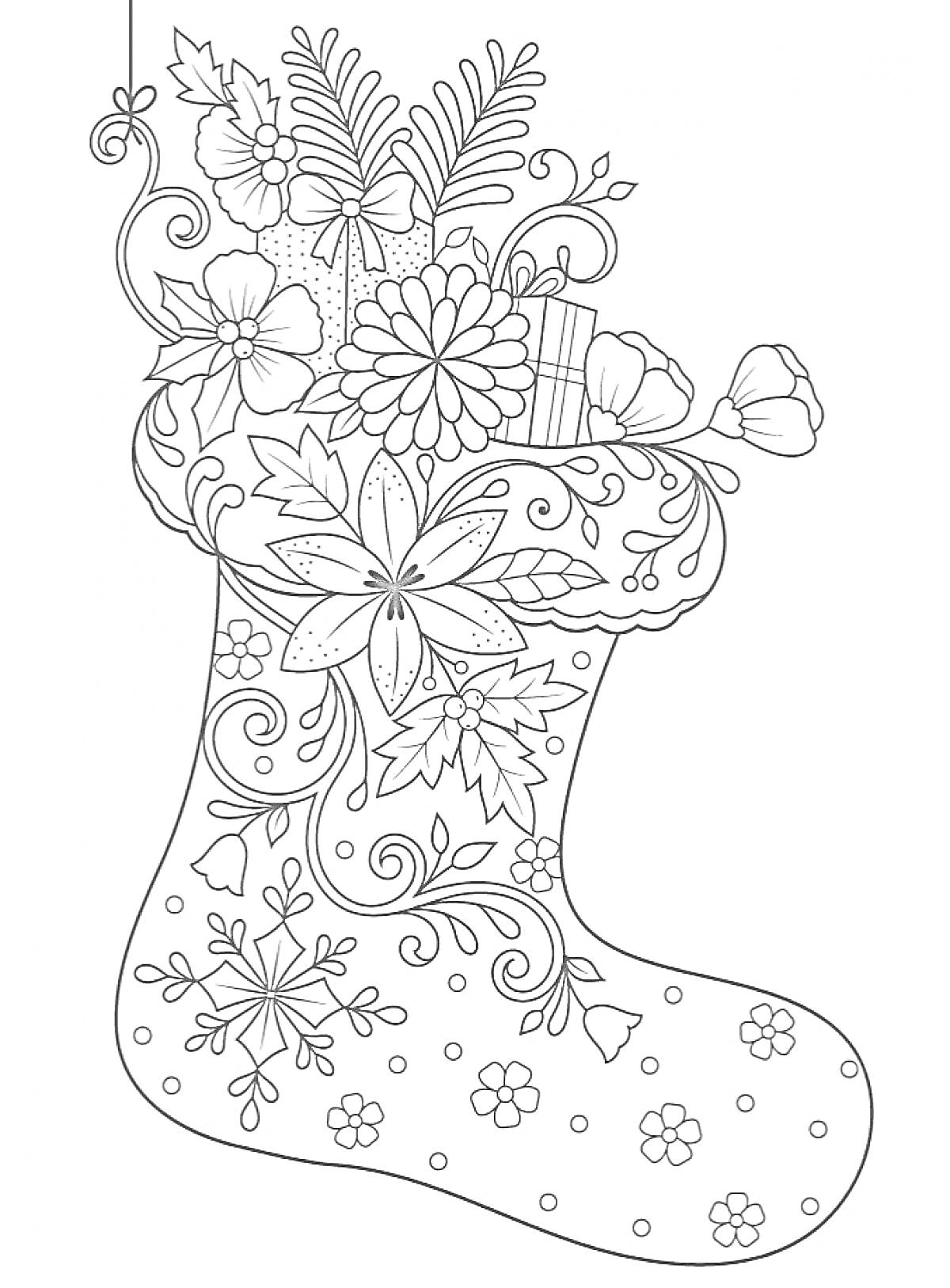 Раскраска Рождественский носок с цветами, подарками и ветками