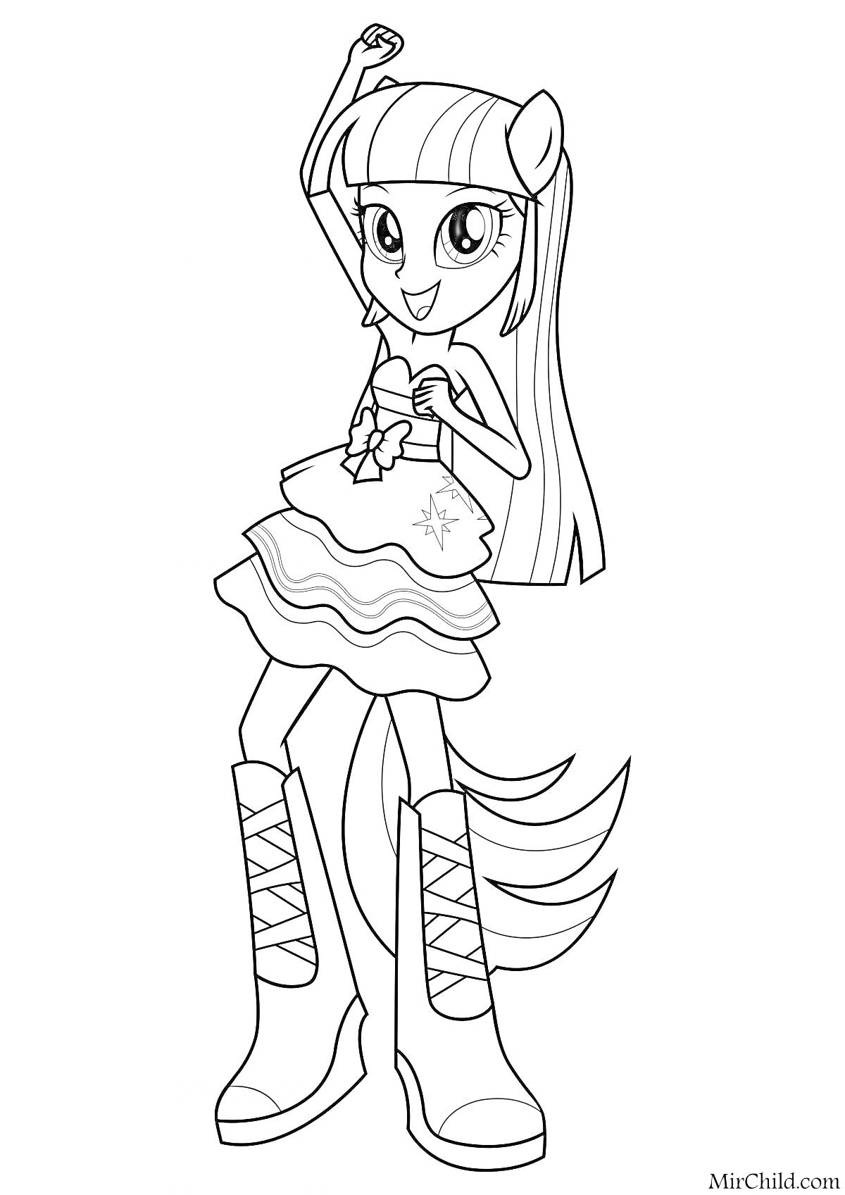 Раскраска Девочка в стилизованном платье с длинными волосами, ушами пони, хвостом и высокими сапогами