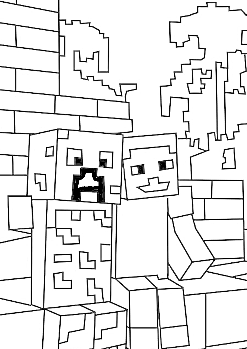 Раскраска Персонажи Minecraft на фоне деревни, деревья, кирпичные постройки