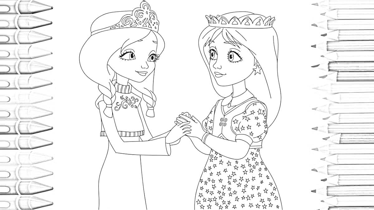 Раскраска Две царевны держат друг друга за руки, цветные карандаши по бокам