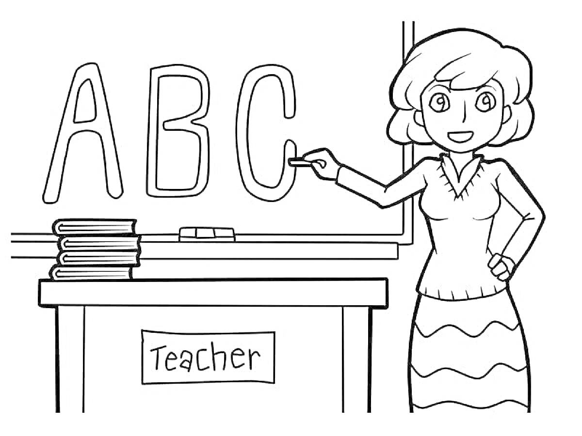 Раскраска Учитель пишет буквы ABC на доске рядом со столом с книгами