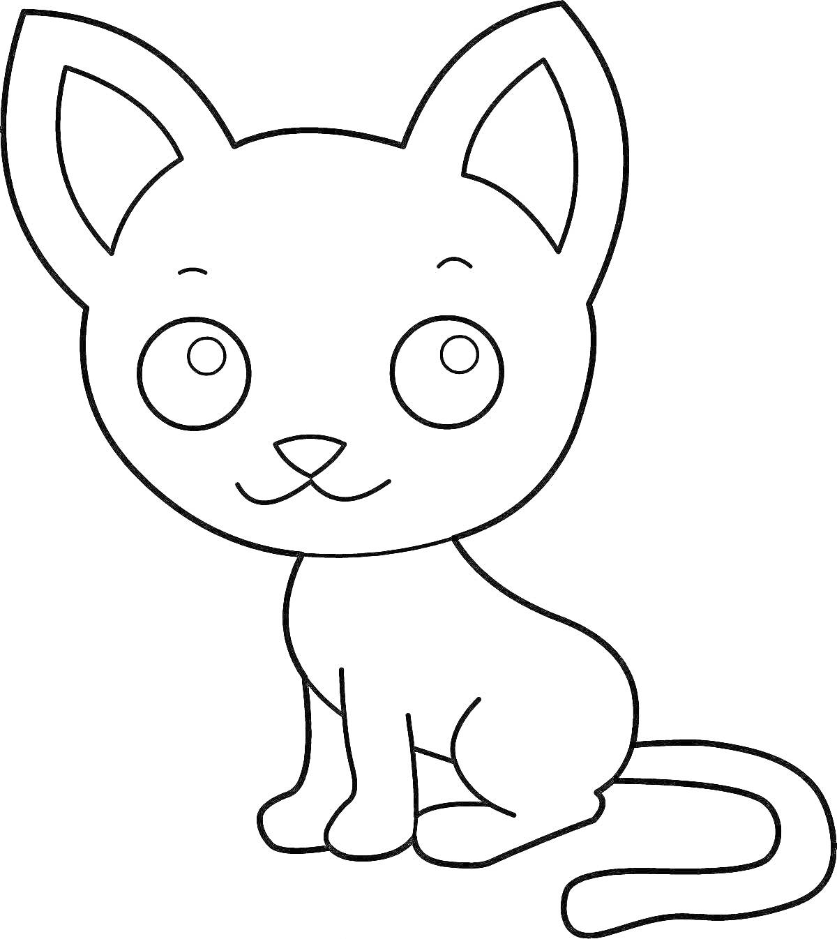 На раскраске изображено: Мультяшный кот, Животные, Сидящий кот, Большие глаза, Кот