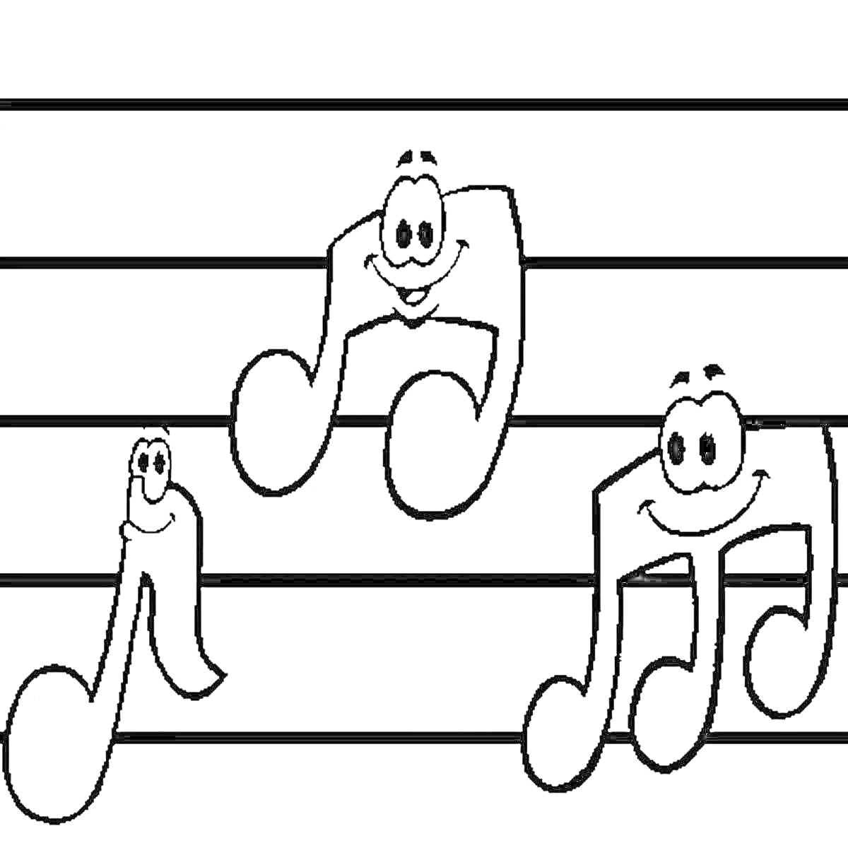Раскраска улыбающиеся ноты на нотном стане