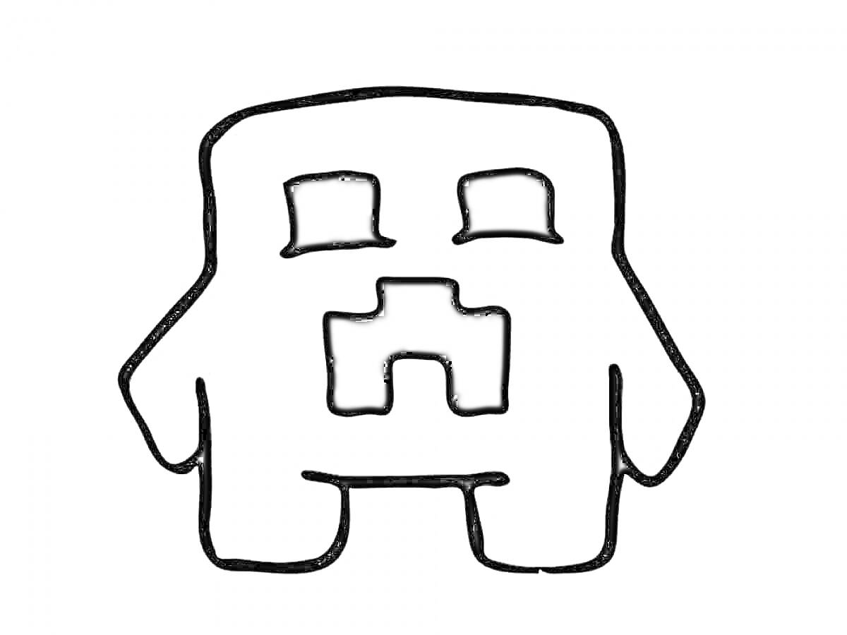 Раскраска Евген Бро, стиль Minecraft, лицо зрителя, прямоугольные ноги, прямоугольные руки, четыре черных квадрата на лице.