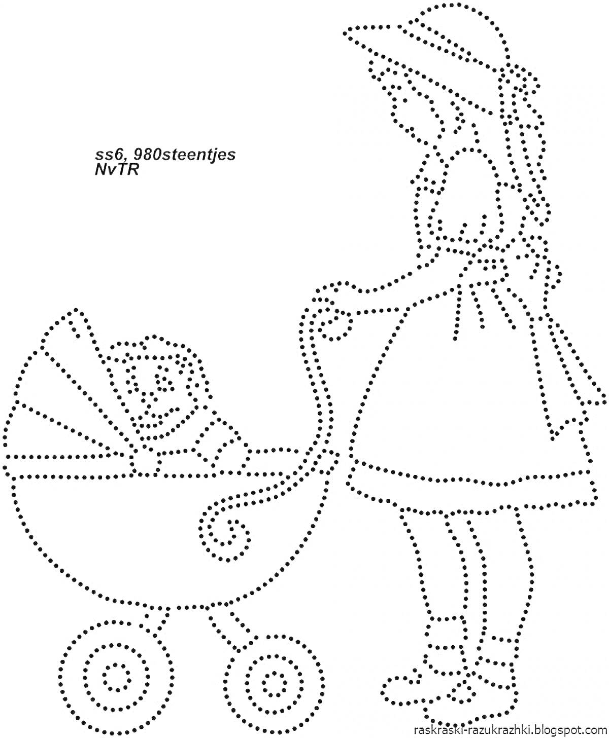 На раскраске изображено: Девочка, Коляска, Кукла, Точка-точка, Для детей