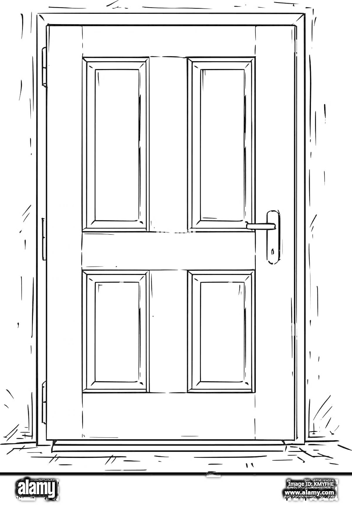 Раскраска Дверь с четырьмя панелями и дверной ручкой