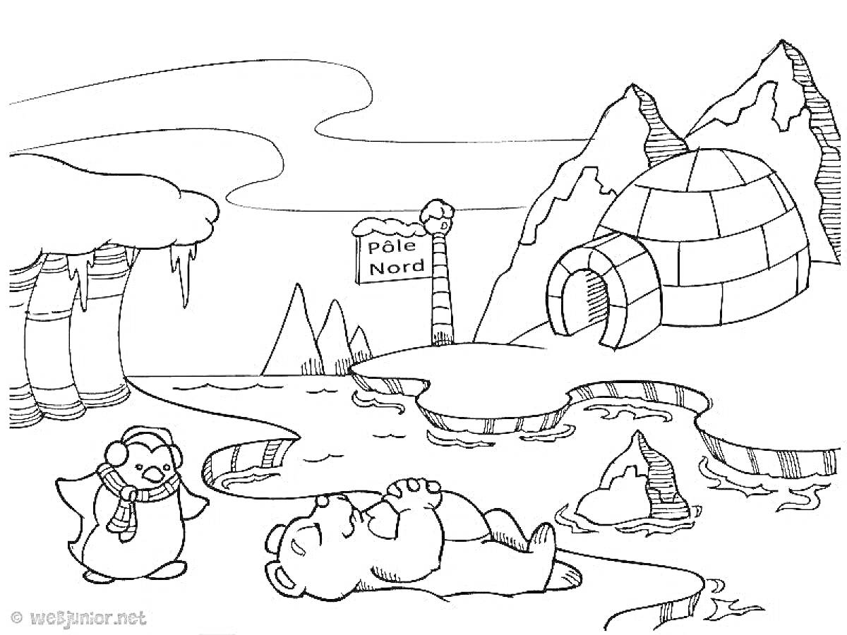 Раскраска Пингвин в шарфе, медведь на льду, иглу, горы и знак 