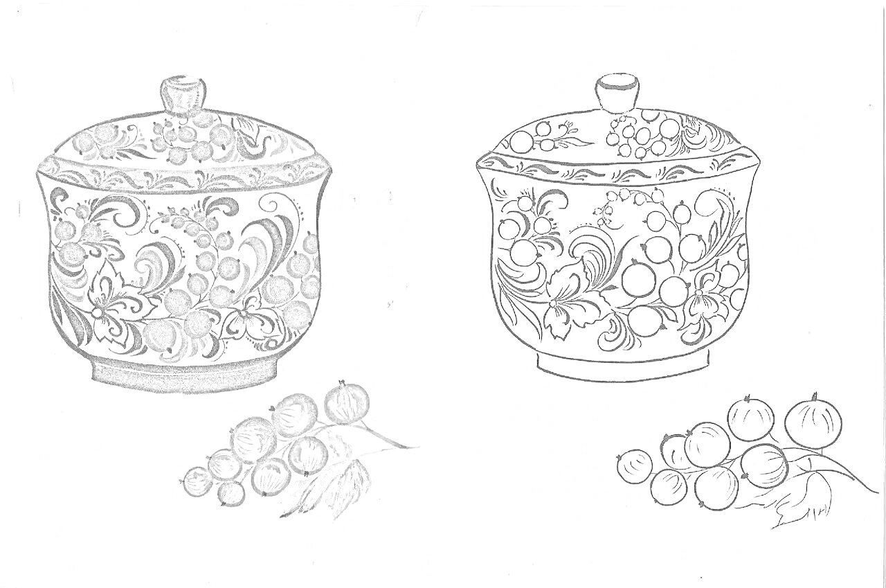 Раскраска Хохломская роспись: банка с ягодами и узорами