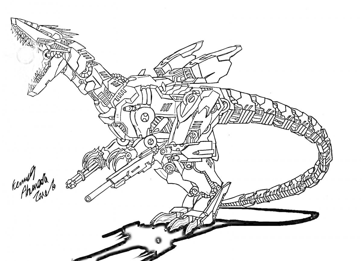 Раскраска Бродяга робот в форме динозавра с длинным хвостом и панцирем из металлических деталей