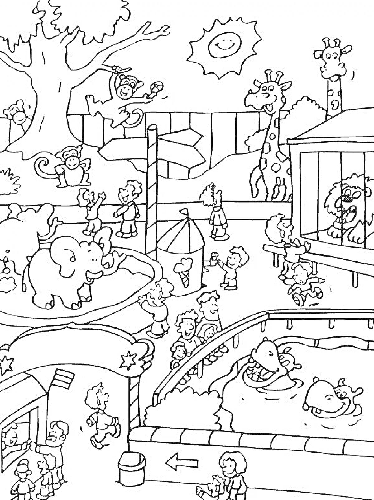 Раскраска Зоопарк с детьми, жирафы, слоны, обезьяны, бегемоты, лев и солнце